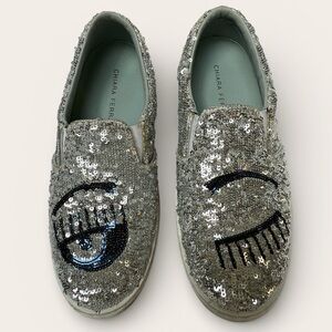 Chiara Ferragni Flirting Silver Sequin Slip On Shoes Size 38